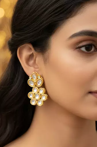 gold plated floral kundan stud earrings