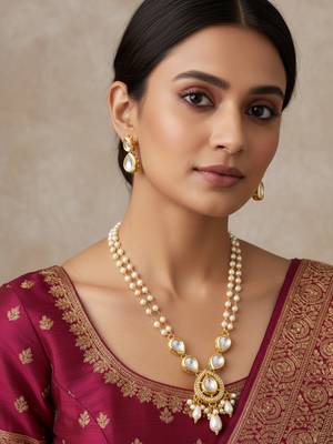 gold plated pearl kundan long set 6