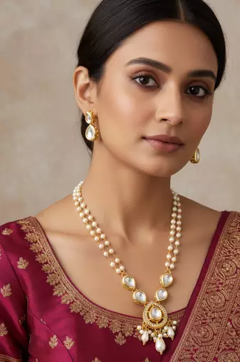 gold plated pearl kundan long set
