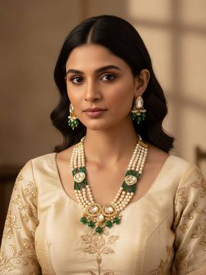 gold plated green kundan necklace set 1