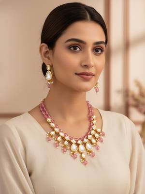 gold plated pink crystal necklace set 6