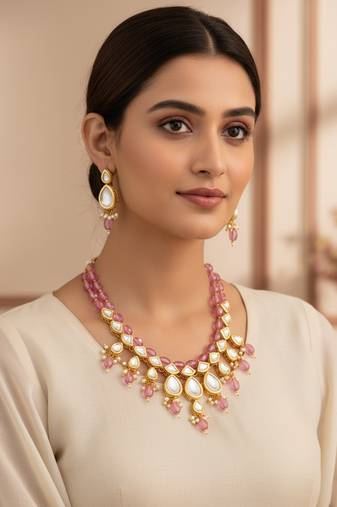 gold plated pink crystal necklace set