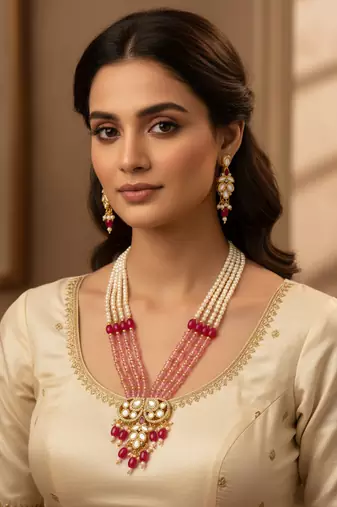 gold plated pearl long necklace set
