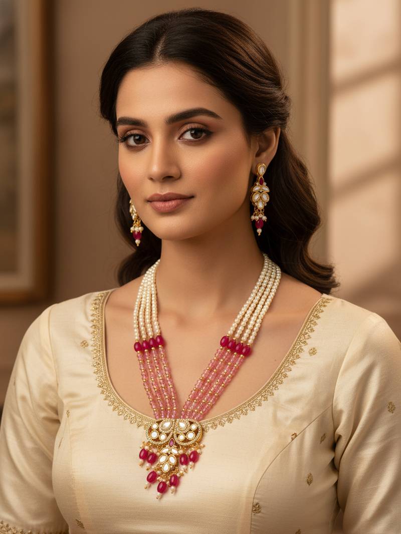 gold plated pearl long necklace set