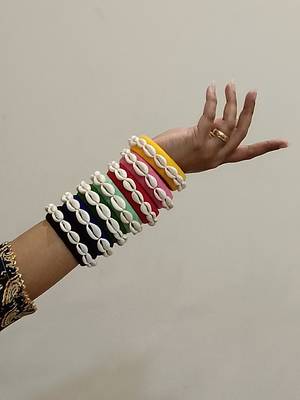 Handcrafted Multicolour thread & Cowrie Shell Statement Bangle Stack 1