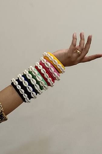 Handcrafted Multicolour thread & Cowrie Shell Statement Bangle Stack