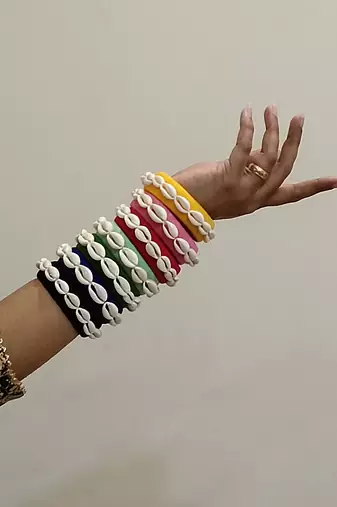 Handcrafted Multicolour thread & Cowrie Shell Statement Bangle Stack