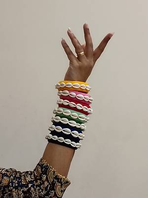 Handcrafted Multicolour thread & Cowrie Shell Statement Bangle Stack 2