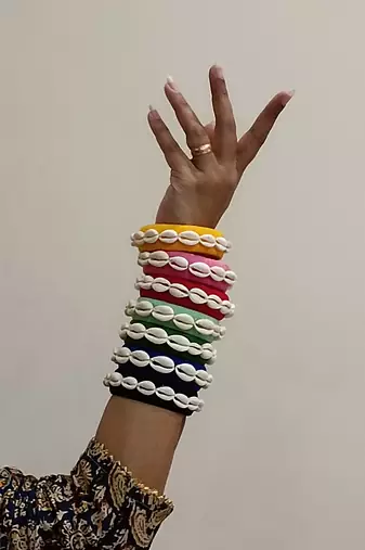 Handcrafted Multicolour thread & Cowrie Shell Statement Bangle Stack