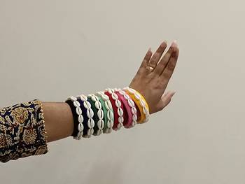 Handcrafted Multicolour thread & Cowrie Shell Statement Bangle Stack 3