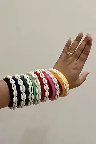 Handcrafted Multicolour thread & Cowrie Shell Statement Bangle Stack