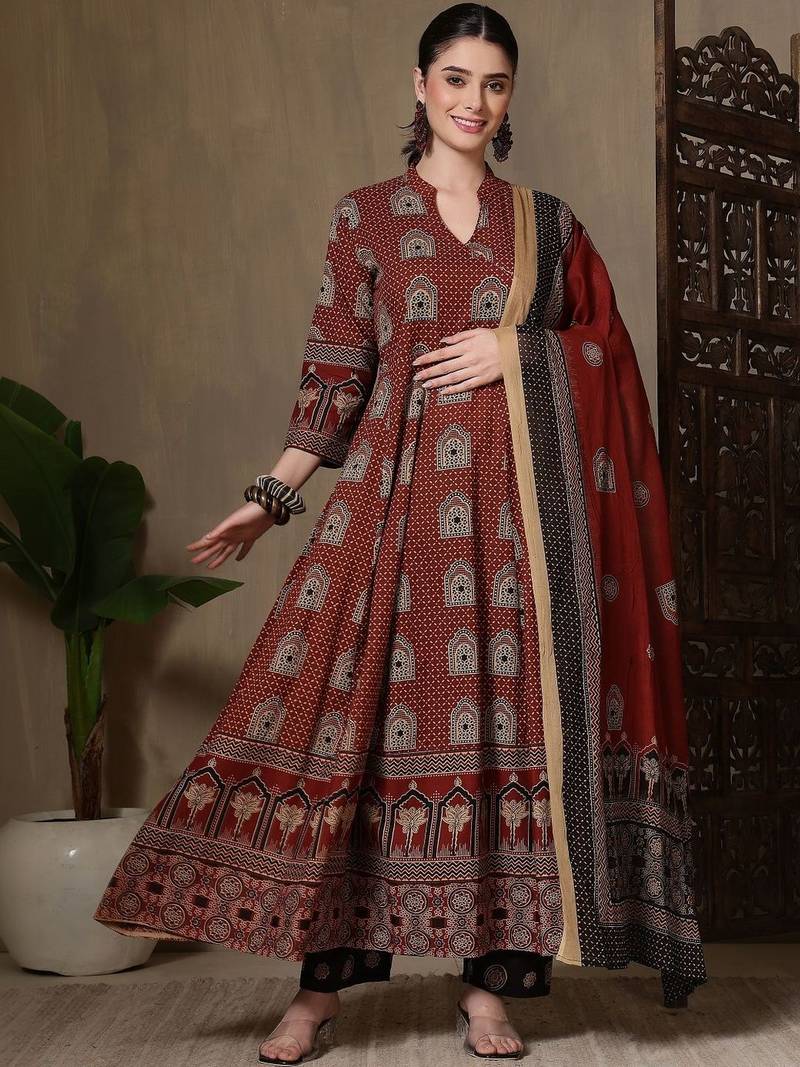 Women Ethnic Motifs Printed Panelled Pure Cotton Kurta with Trousers & With Dupatta