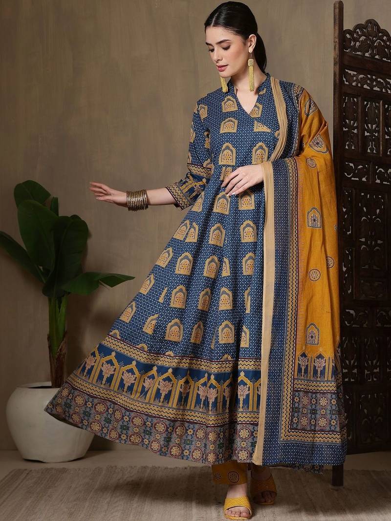 Women Ethnic Motifs Printed Empire Pure Cotton Kurta with Trousers & With Dupatta