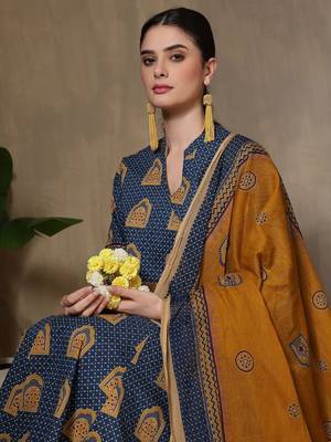 Women Ethnic Motifs Printed Empire Pure Cotton Kurta with Trousers & With Dupatta 4