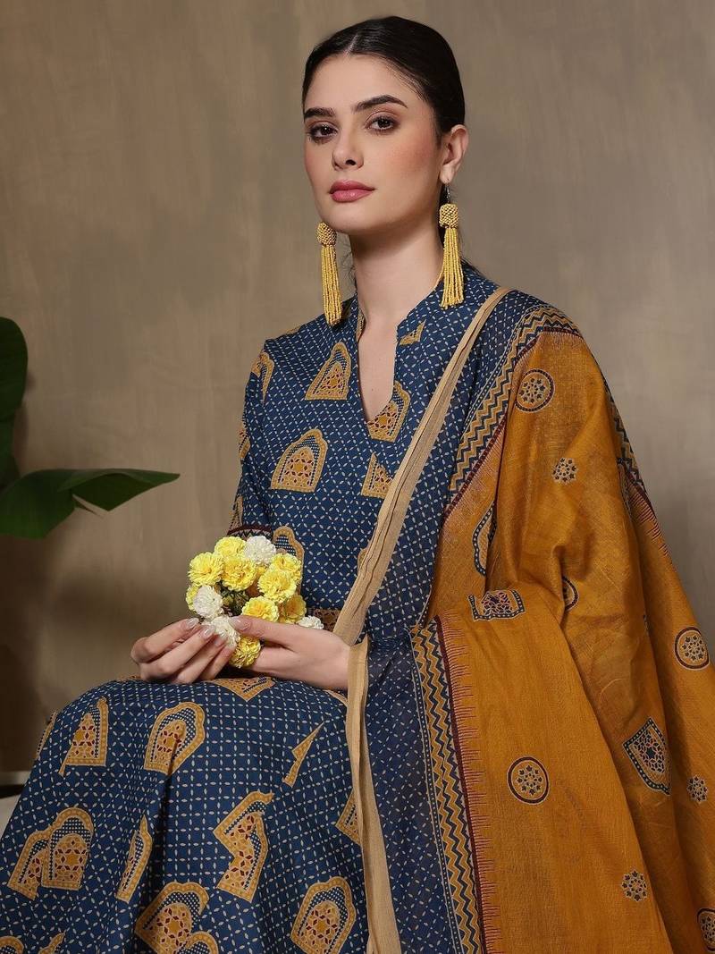 Women Ethnic Motifs Printed Empire Pure Cotton Kurta with Trousers & With Dupatta