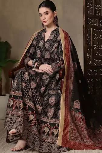 Women Ethnic Motifs Printed Angrakha Pure Cotton Kurta with Trousers & With Dupatta