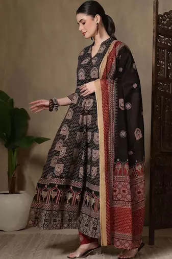 Women Ethnic Motifs Printed Angrakha Pure Cotton Kurta with Trousers & With Dupatta