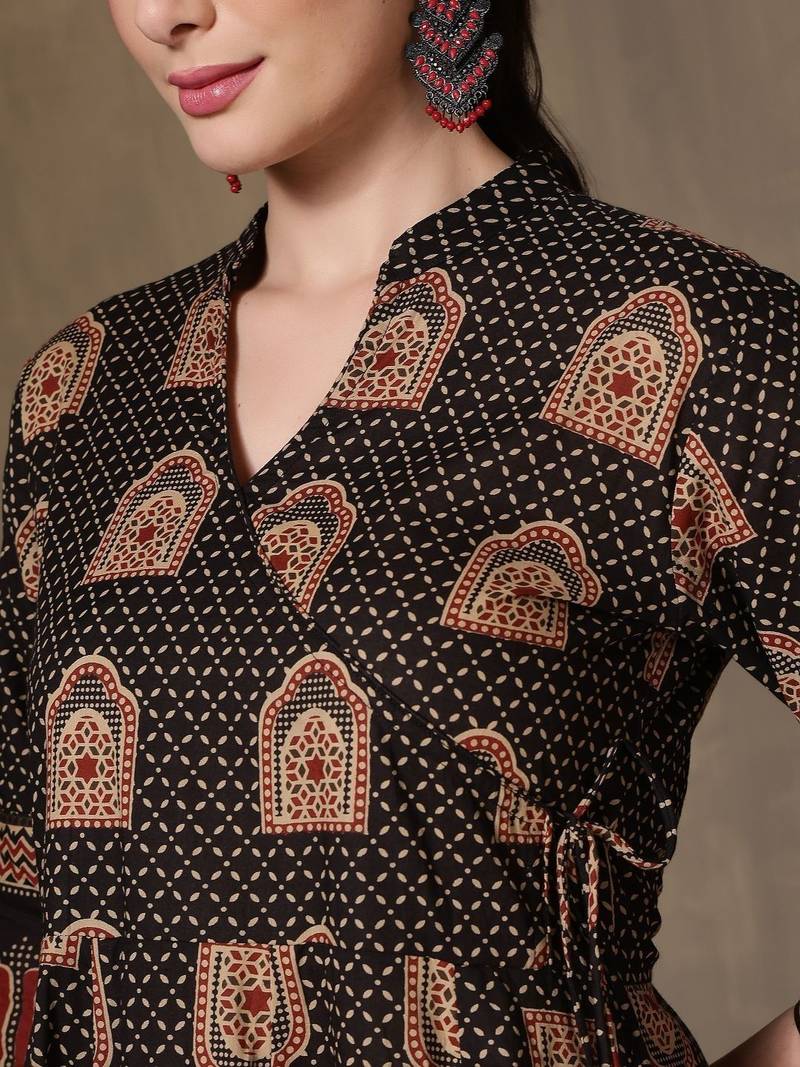 Women Ethnic Motifs Printed Angrakha Pure Cotton Kurta with Trousers & With Dupatta