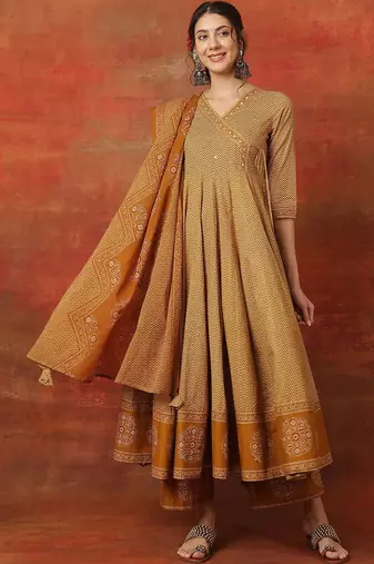 Chevron Printed V Neck Angrakha Anarkali Pure Cotton Kurta With Palazzos & Dupatta