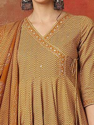 Chevron Printed V Neck Angrakha Anarkali Pure Cotton Kurta With Palazzos & Dupatta 2
