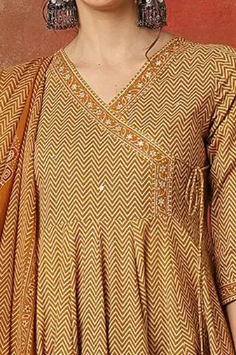Chevron Printed V Neck Angrakha Anarkali Pure Cotton Kurta With Palazzos & Dupatta