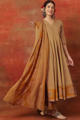 Chevron Printed V Neck Angrakha Anarkali Pure Cotton Kurta With Palazzos & Dupatta