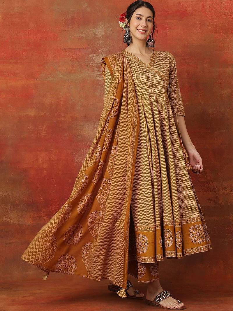 Chevron Printed V Neck Angrakha Anarkali Pure Cotton Kurta With Palazzos & Dupatta