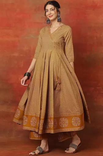Chevron Printed V Neck Angrakha Anarkali Pure Cotton Kurta With Palazzos & Dupatta