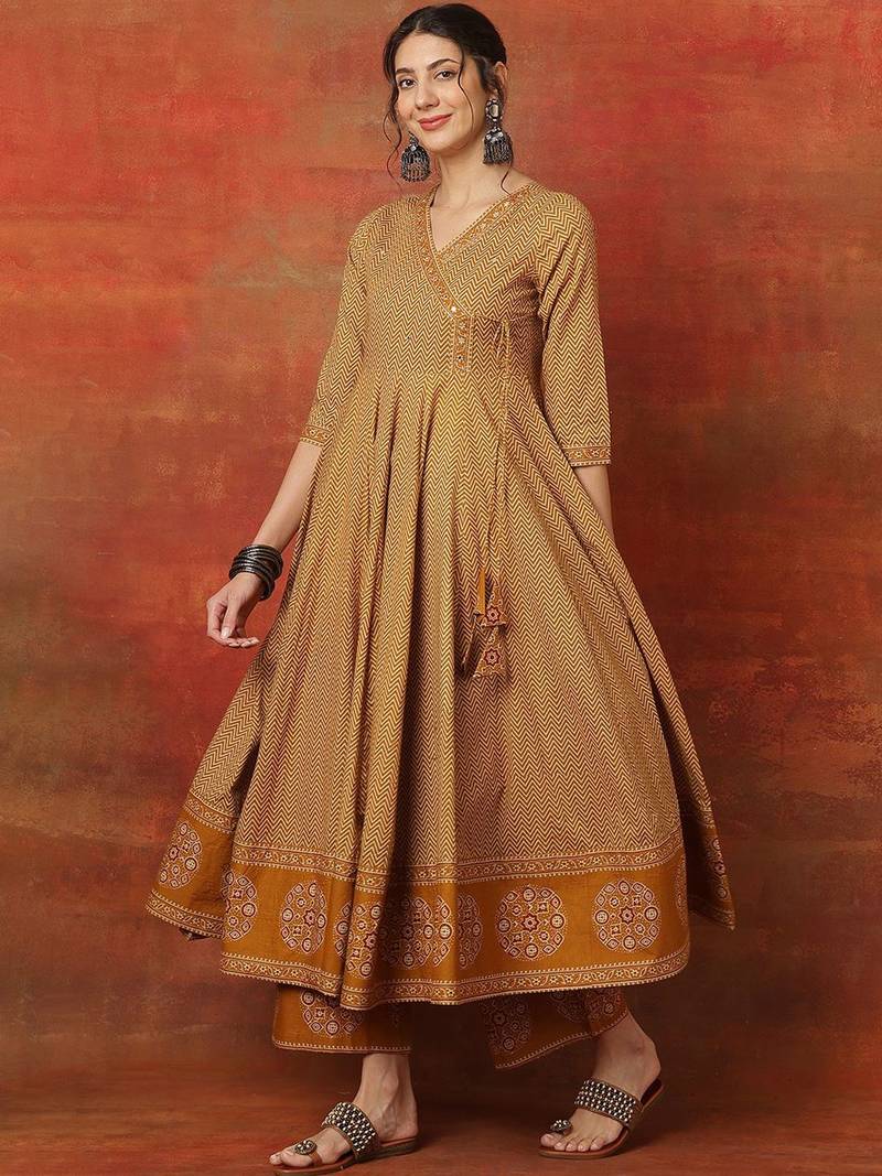 Chevron Printed V Neck Angrakha Anarkali Pure Cotton Kurta With Palazzos & Dupatta