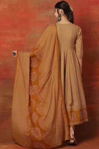 Chevron Printed V Neck Angrakha Anarkali Pure Cotton Kurta With Palazzos & Dupatta