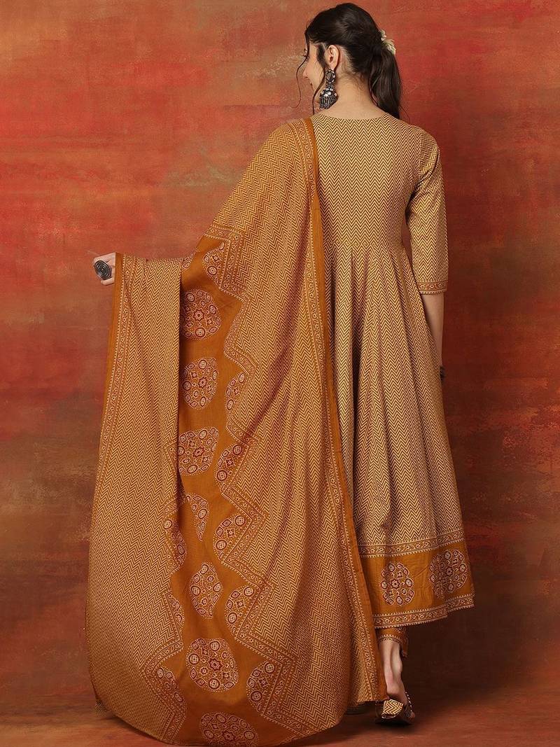 Chevron Printed V Neck Angrakha Anarkali Pure Cotton Kurta With Palazzos & Dupatta