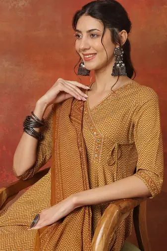 Chevron Printed V Neck Angrakha Anarkali Pure Cotton Kurta With Palazzos & Dupatta