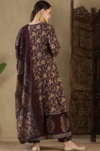 Women Floral Printed Empire Sequinned Pure Cotton Kurta with Trousers & With Dupatta