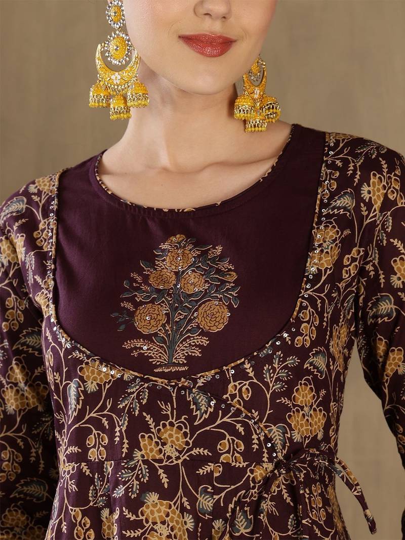 Women Floral Printed Empire Sequinned Pure Cotton Kurta with Trousers & With Dupatta