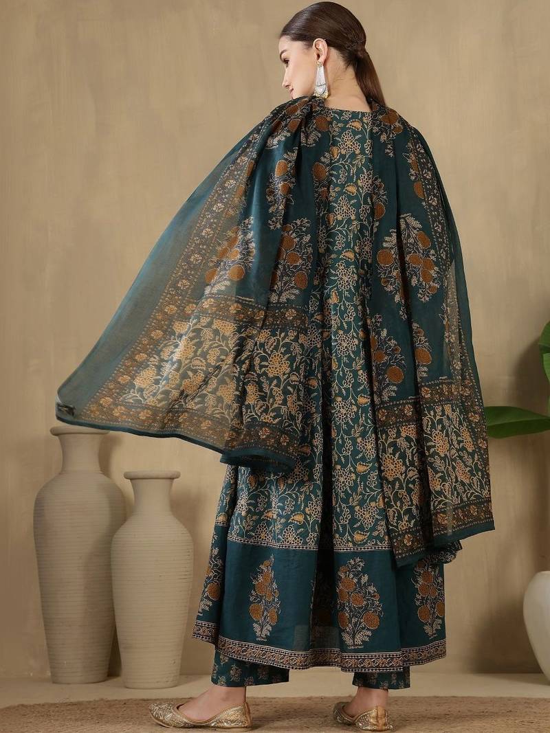 Women Floral Printed Panelled Pure Cotton Kurta with Trousers & With Dupatta
