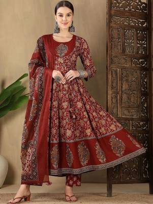 Women Ethnic Motifs Printed Empire Sequinned Pure Cotton Kurta with Trousers & With Dupatta 1