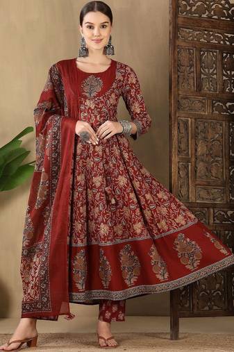 Women Ethnic Motifs Printed Empire Sequinned Pure Cotton Kurta with Trousers & With Dupatta