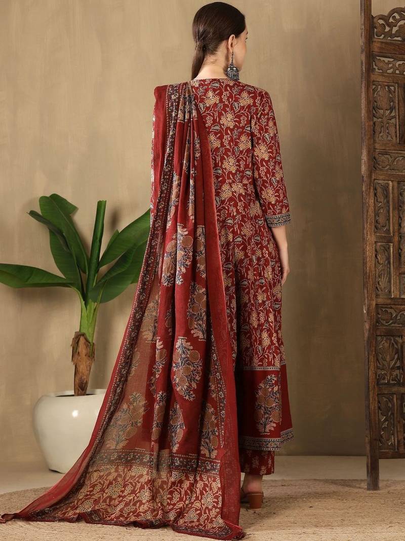 Women Ethnic Motifs Printed Empire Sequinned Pure Cotton Kurta with Trousers & With Dupatta
