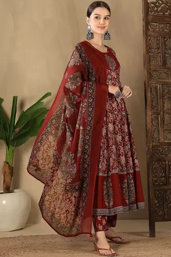 Women Ethnic Motifs Printed Empire Sequinned Pure Cotton Kurta with Trousers & With Dupatta