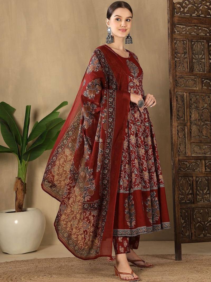 Women Ethnic Motifs Printed Empire Sequinned Pure Cotton Kurta with Trousers & With Dupatta