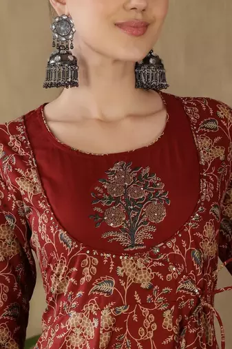 Women Ethnic Motifs Printed Empire Sequinned Pure Cotton Kurta with Trousers & With Dupatta