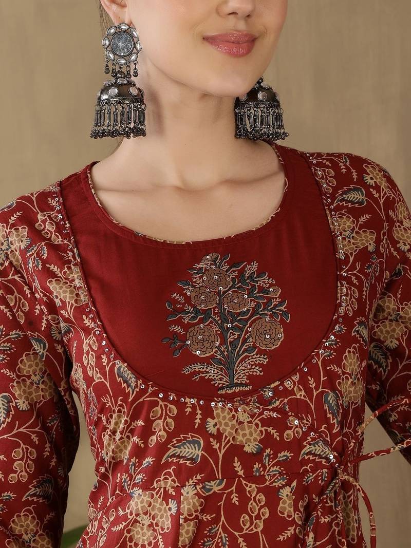 Women Ethnic Motifs Printed Empire Sequinned Pure Cotton Kurta with Trousers & With Dupatta