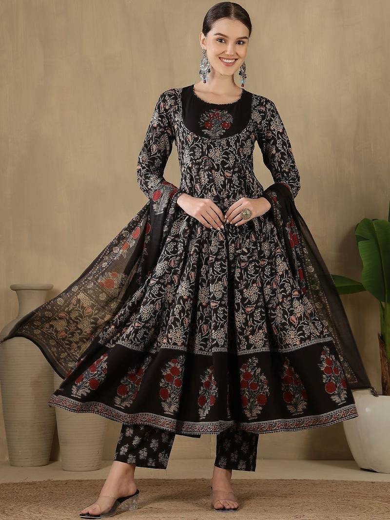 Women Floral Printed Empire Pure Cotton Kurta with Trousers & With Dupatta