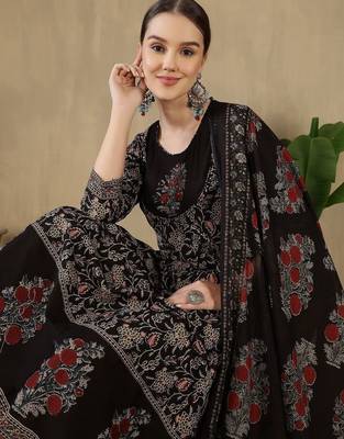Women Floral Printed Empire Pure Cotton Kurta with Trousers & With Dupatta 5
