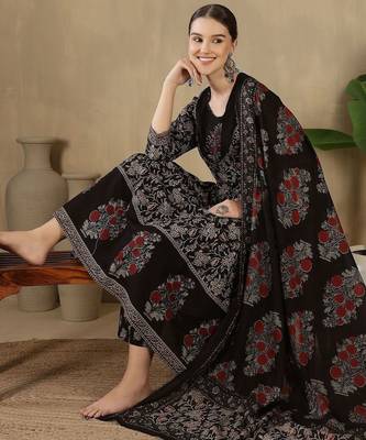 Women Floral Printed Empire Pure Cotton Kurta with Trousers & With Dupatta 7