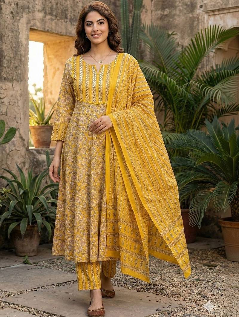 Women Floral Embroidered Regular Thread Work Pure Cotton Kurta with Trousers & With Dupatta