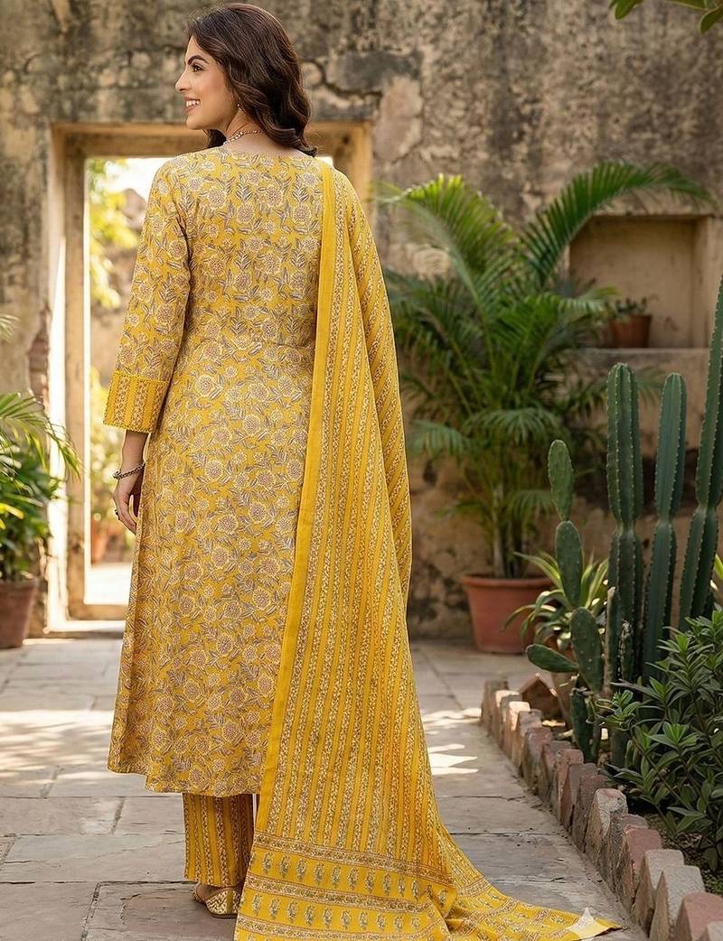 Women Floral Embroidered Regular Thread Work Pure Cotton Kurta with Trousers & With Dupatta