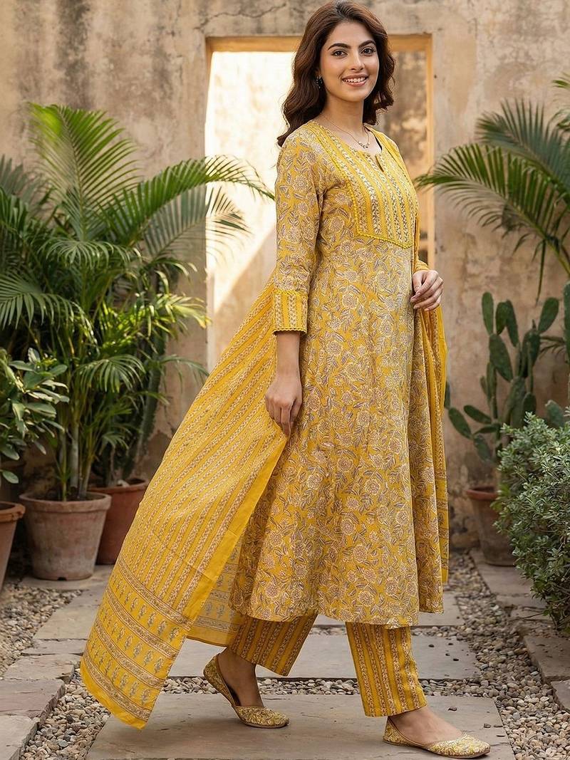 Women Floral Embroidered Regular Thread Work Pure Cotton Kurta with Trousers & With Dupatta