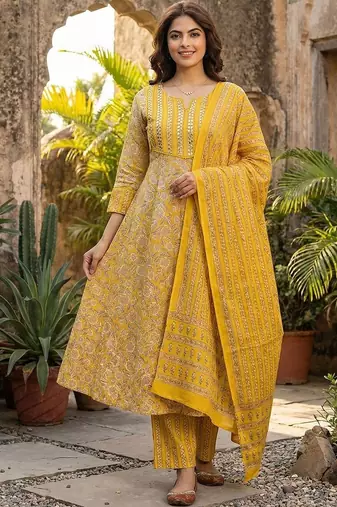Women Floral Embroidered Regular Thread Work Pure Cotton Kurta with Trousers & With Dupatta