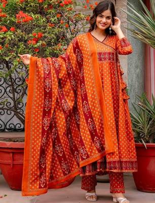 Women Ethnic Motifs Printed Angrakha Pure Cotton Kurta with Trousers & With Dupatta 2